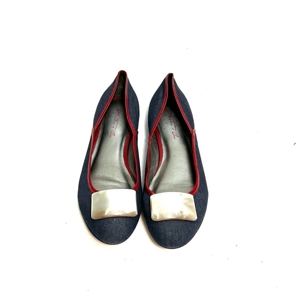Vintage Y2K blue denim canvas red patent leather edge slip on ballet flats